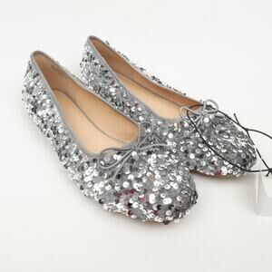 Loft Womens 9.5M Sequin Ballet Flat Shoes Metallic Silver Bow
